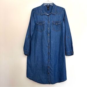 Classic Blue Denim Shirt Dress with Adjustable Sleeves
